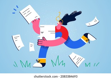 Happy girl run with paperwork feel excited with good exam mark or result for studying. Smiling woman with notes or document motivated with innovative idea. Paper work concept. Vector illustration. 