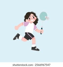 Happy Girl Running with Badminton Racket Shuttlecock Active Kid Cartoon Illustration