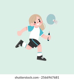 Happy Girl Running with Badminton Racket Active Child Playing Sport Cartoon Illustration