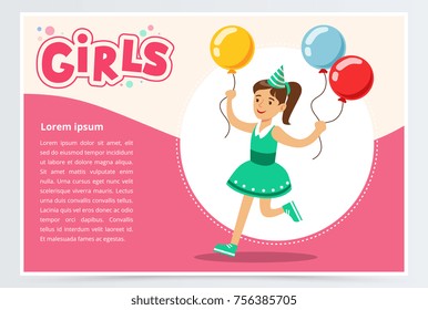 Happy girl running with clolrful balloons, cute kid celebrating her birthday, girls banner flat vector element for website or mobile app