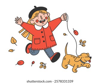 Happy girl running with dog. Cute children autumn illustration. Vector cartoon character