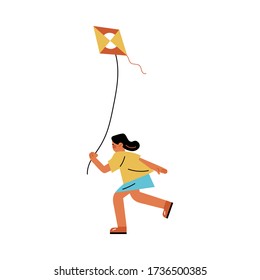 Happy girl running and flying kite outdoors vector illustration