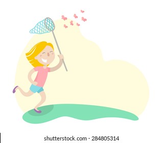 Happy girl is running in a meadow with butterfly net and catching butterflies. Flat design. Vector illustration. Isolated on white background.