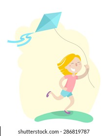 Happy girl is running in a meadow with his a kite flying. Flat design. Vector illustration. Isolated on white background.