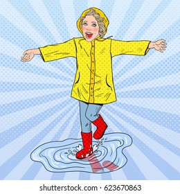 Happy Girl Running in Puddles after Rain. Vector retro illustration