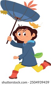 Happy girl running with umbrella. Autumn season joy