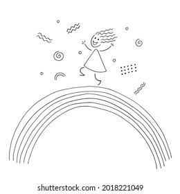 Happy girl runs on the rainbow. Fun. Cheerful. Positive emotions. Vector. Doodle. Hand-drawn illustration. Silhouette. Black and white outline. Coloring.