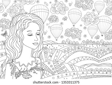 happy girl in rural landscape for your coloring page 