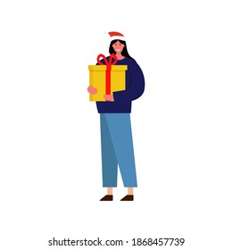 Happy girl in santa hat with big gift isolated on white. Vector illustration in flat style. Element design for Christmas,Eve, New Year, holidays card, postcard , print