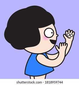 Happy Girl Says Hello To Her Own Hands Concept Card Character illustration