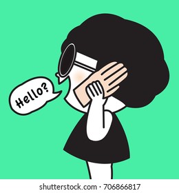 Happy Girl Says Hello To Someone From Her Hand Shaped Mobile Cell Phone Concept Card Character illustration