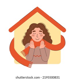 Happy girl in a scarf on the background of her house. Cozy home concept vector illustration