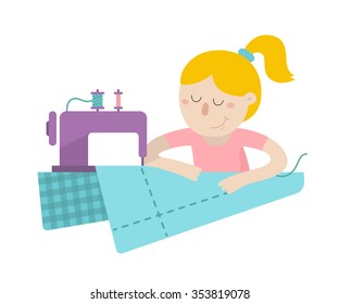 Happy girl seamstress with a sewing machine at work. Vector illustration flat design isolated on white background. Fashion industry concept.