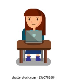 Happy Girl Searching for Education on Laptop Banner Vector Illustration. Concept of E-learning, Distance Studying and Self Education. Young Woman Student Character Sitting at Desk Typing on Computer.