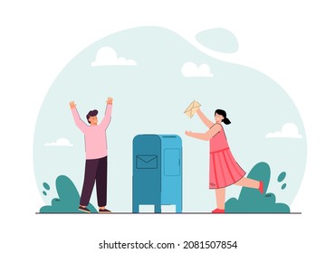 Happy Girl Sending Paper Letter, Running To Blue Mailbox. Kid Holding Envelope In Hand Flat Vector Illustration. Good News, Mail Delivery Concept For Banner, Website Design Or Landing Web Page