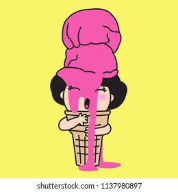 Happy Girl And Sherbet Ice Cream In A cone. Concept Of Icecream Lovers Card Character illustration