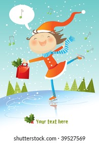 happy girl with shopping bag skating and singing, christmas vector illustration