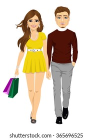 happy girl with shopping bags holding hand of her boyfriend walking forward 