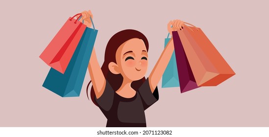 
Happy Girl with Shopping Bags Vector Cartoon Illustration. Young person having fun on shopping spree enjoying the sale season
