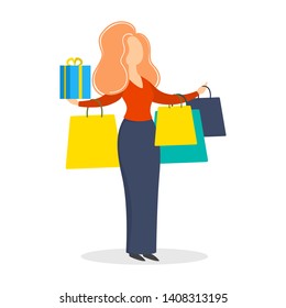 Happy girl with shopping bags. Woman in fashion store. Glamour lifestyle. Isolated flat vector illustration