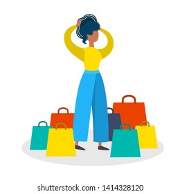 Happy girl with shopping bags. Woman in fashion store. Glamour lifestyle. Isolated flat vector illustration