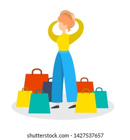 Happy girl with shopping bags. Woman in fashion store. Glamour lifestyle. Isolated flat vector illustration