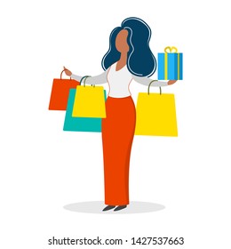 Happy girl with shopping bags. Woman in fashion store. Glamour lifestyle. Isolated flat vector illustration