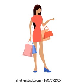 Happy girl with shopping bags. Woman in fashion store. Glamour lifestyle. Isolated flat vector illustration