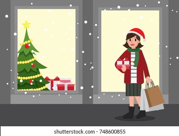 Happy girl shopping christmas gifts. Christmas shopping idea concept. Vector illustration.