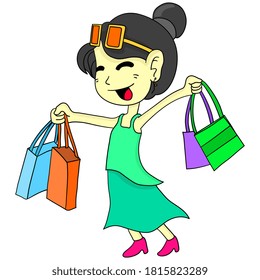 happy girl shopping day. cartoon illustration cute sticker