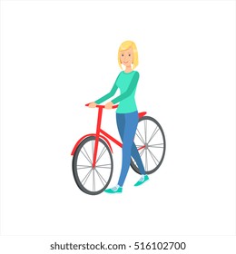 Happy Girl With Short Blond Hair Walking With Her Bycicle, Part Of Women Different Lifestyles Collection