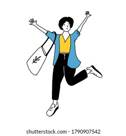 Happy girl with short curly hairstyle in yellow top and blue jacket raise hands up. Doodle illustration of joyful college student with tote bag. Simple line drawing isolated on white background.