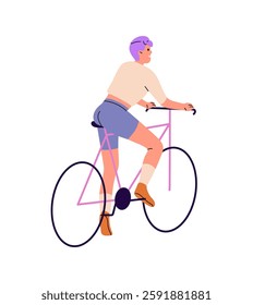 Happy girl with short hair, cyclist rides on pink bicycle. Cute young woman cycling back view. Rider, bicyclist does sports, has fun at walk. Flat isolated vector illustration on white background