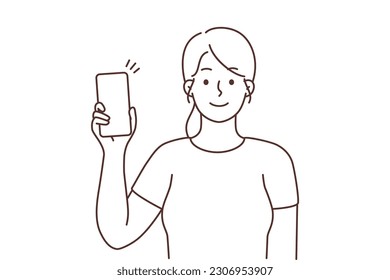 Happy girl show modern cellphone with mockup screen. Smiling young woman demonstrate smartphone with good deal or promotion. Copy space. Vector illustration. 