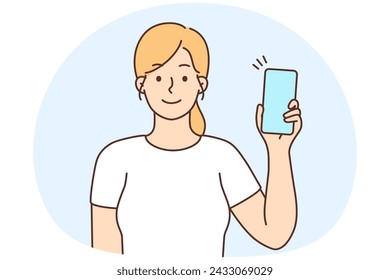 Happy girl show modern cellphone with mockup screen. Smiling young woman demonstrate smartphone with good deal or promotion. Copy space. Vector illustration.