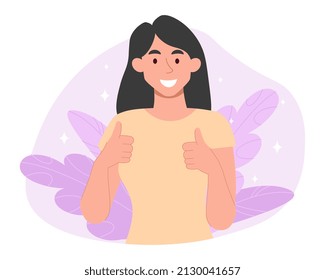 Happy girl show thumbs. Positive and optimistic character. Model for advertising posters or banners. Making cards on website. Friendly and welcoming girl smiling. Cartoon flat vector illustration