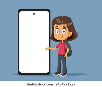 
Happy Girl Showing a Blank Display of a Smartphone Vector Cartoon
Cheerful student presenting an educational app 
