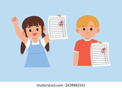 Happy Girl Showing her Excellent Grade Paper illustration, Boy Upset About Failing Grade on Test illustration