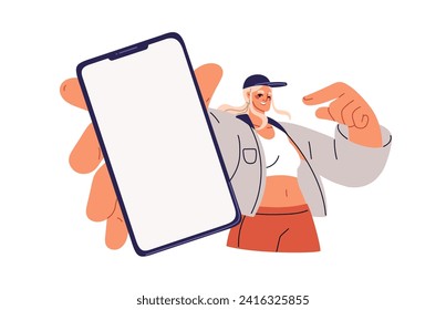 Happy girl showing mobile phone screen. Young woman holding smartphone, cellphone mockup. Female pointing at blank cell display, advertising app. Flat vector illustration isolated on white background