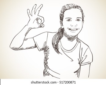 Happy girl showing OK sign, Vector sketch Hand drawn illustration