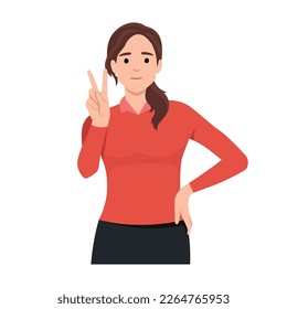 Happy girl shows hand gesture, victory sign. Portrait of beautiful young woman. Flat vector illustration isolated on white background