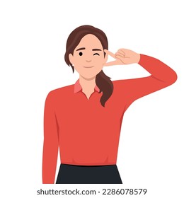 Happy girl shows hand gesture, victory sign. Portrait of beautiful young woman. Flat vector illustration isolated on white background
