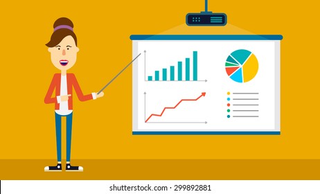 Happy Girl Shows Presentation On Projection Screen. Flat Illustration. Vector Stock.