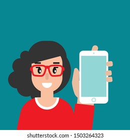 happy girl shows smartphone screen. creative hipster work or study. flat vector illustration turquoise background. phone presentation, sales, promotion. 