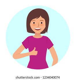 Happy girl shows thumb up on white background. Emotion of joy. Gesture cool. Vector illustration, cartoon style