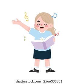 Happy Girl Singing Blonde Hair Child Book Music Notes Illustration Cartoon Cute Singing Performance