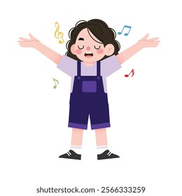 Happy Girl Singing Cartoon Illustration Music Notes Child Joyful Cute Kid Graphic