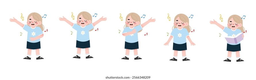 Happy Girl Singing Multiple Poses Music Notes Cartoon Illustration Child Performance