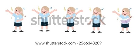 Happy Girl Singing Multiple Poses Music Notes Cartoon Illustration Child Performance