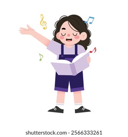 Happy Girl Singing Song from Book Cute Child Cartoon Illustration Music Notes